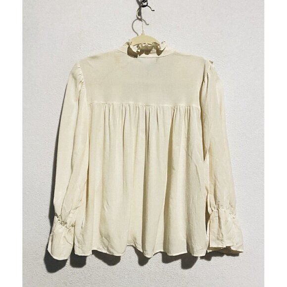 Zara Top Womens L Faux Pearl Trim Ruffle V Neck Ivory Prairie Cottagecore Boho - Picture 6 of 9